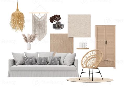 Interior design moodboard with isolated modern living room furniture