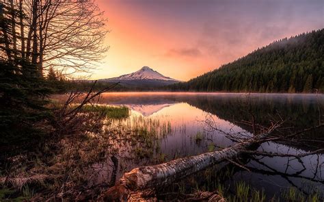 Landscape Nature Lake Mist Forest Mountain Snowy Peak Reflection