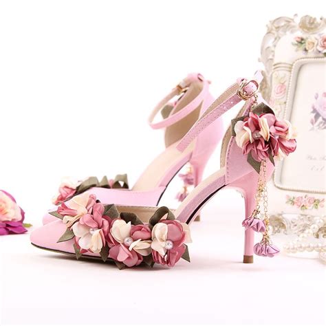 Beautiful Flowers And Pearls Ankle Strap Pointed Toe Party High Heels