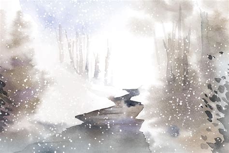 Winter Wonderland Landscape Painted By Watercolor Vector Download