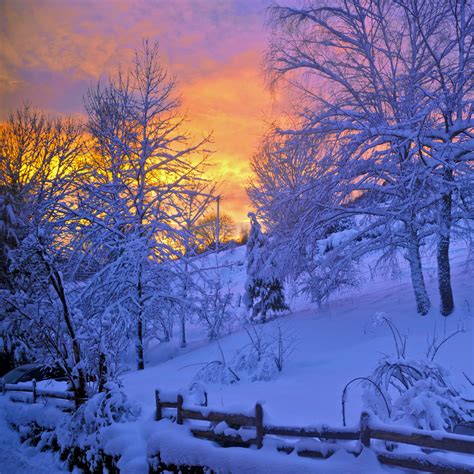 Download Wallpaper 3415x3415 Winter Snow Sunset Fence Sky Trees