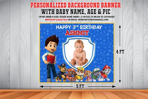 Personalized Paw Patrol Birthday Background Banner With Pic 4x5ft