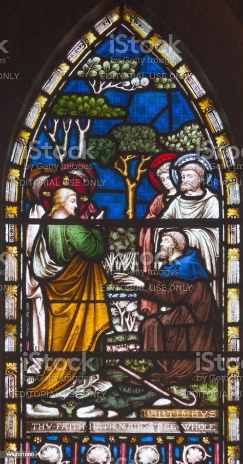 London The Jesus Heals Blind Bartimaeus On The Stained Glass Stock