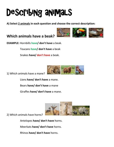 Describing Animals Interactive Worksheet Worksheets English As A