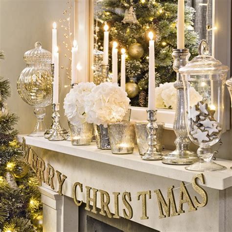 Silver Gold And White Mantel Decor With Golden Merry Christmas Garland