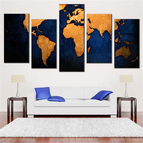 World Map Canvas Wall Art Blue Background World Map 5 Piece Multi Can