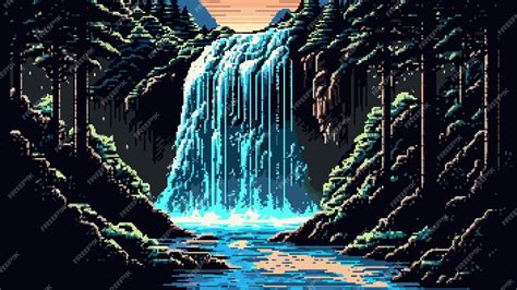 Premium Vector Forest Waterfall Cascade Landscape Ai Generated 8bit