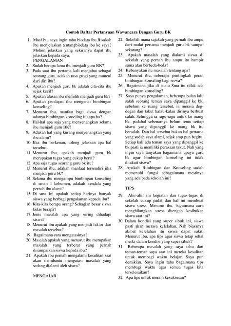 (DOCX) Contoh Daftar Pertanyaan Wawancara Dengan Guru BK - DOKUMEN.TIPS