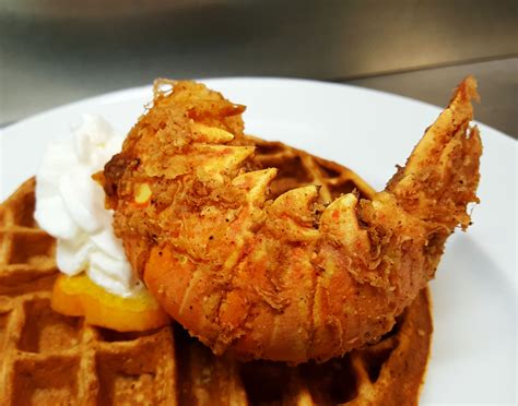 Southern Fried Lobster Tail Peach Cobbler Waffle Bourbon Laced Maple