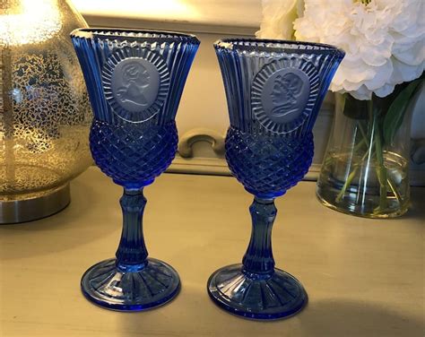 Pair Of Avon Fostoria Cobalt Blue George And Martha Washington Glass Goblets Etsy