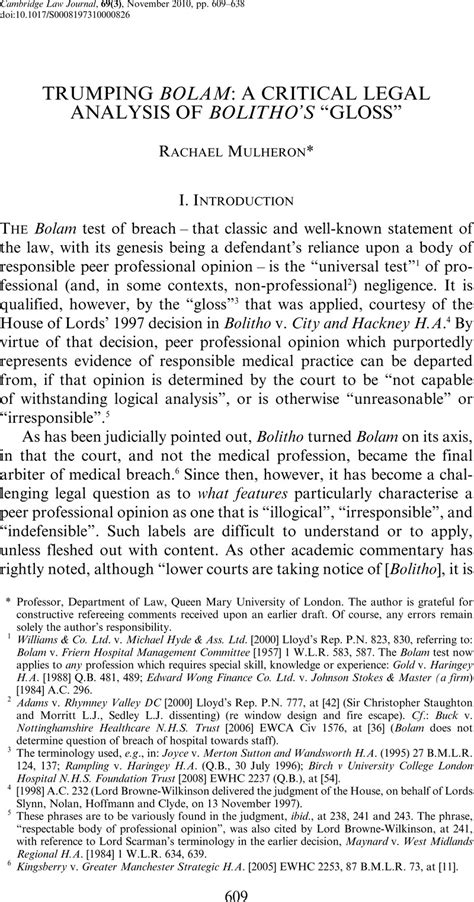 Mr bolam is claiming that the doctors were in breach of duty by not issuing relaxants or using a manual restraint to reduce risks. TRUMPING BOLAM: A CRITICAL LEGAL ANALYSIS OF BOLITHO'S ...