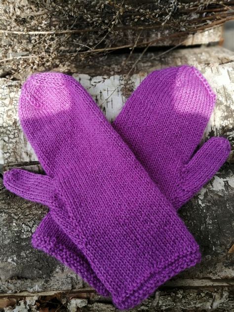 Pure Wool Mittens Purple Color Flowers Decor Mittens Etsy