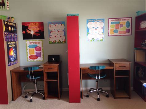 Homeschool Classroom Desks Divided Spaces With Tall Bookshelves