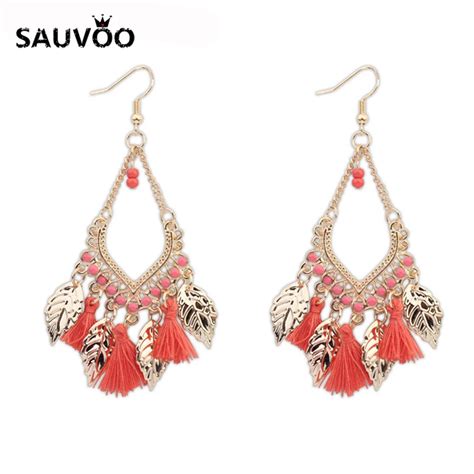 Sauvoo Fashion Long Tassel Bohemian Earrings Rhombus Metal Pendant