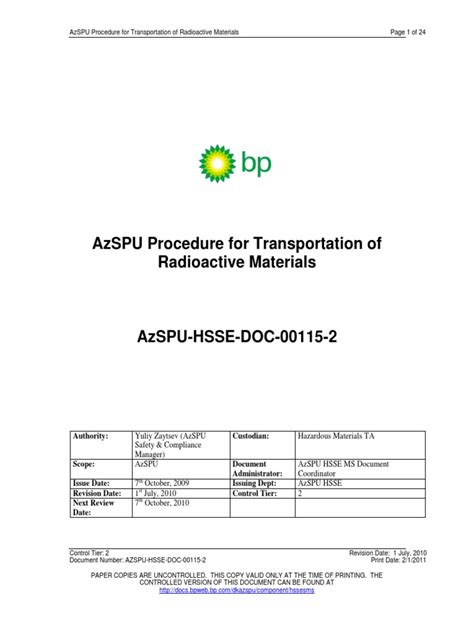Azspu Procedure For Transportation Of Radioactive Materials Pdf