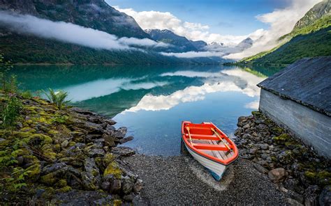 Norway Country In Europe Fjords Lake Mountains Boat Evaporation