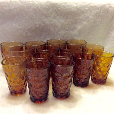 Amber Glass Thumbprint Tumblers Juice Glasses Set Of 15 Free Etsy Amber Glass Vintage