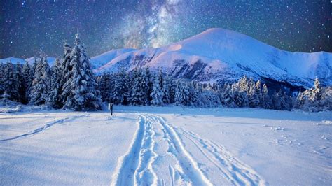 Milky Way On The Night Sky Over The Snowy Mountains Wallpaper Backiee