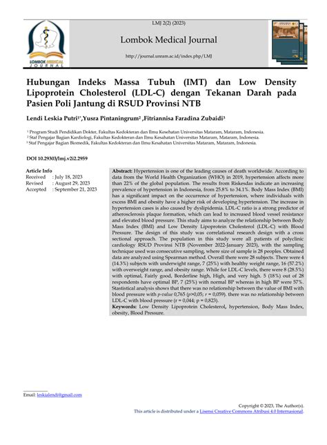 Pdf Hubungan Indeks Massa Tubuh Imt Dan Low Density Lipoprotein