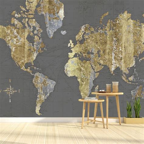 Gold World Map Mural Water Resistant Wall Decor For Accent Wall Gold