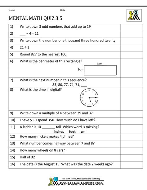 Try to answer all the questions. Mental Math 3rd Grade