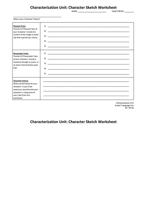 Character Sketch Worksheet Pdf