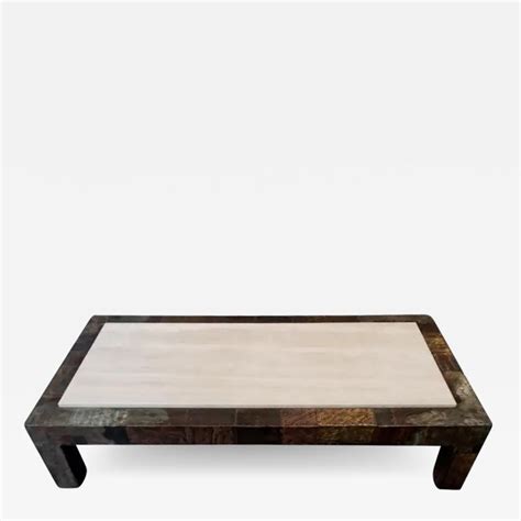 Paul Evans Paul Evans Large Brutalist Patchwork Coffee Table Mixed Metals And Travertine