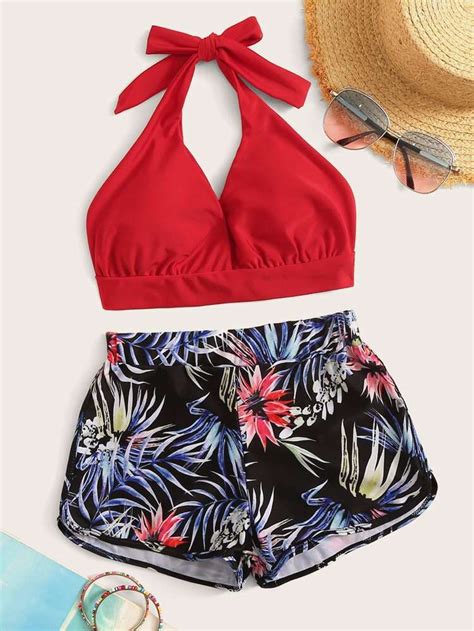 Palm Print Long Sleeve One Piece Swimwear Bikini Shorts Swimsuits