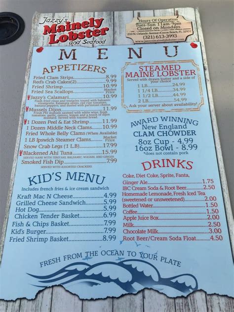 Menu At Jazzys Mainely Lobster Restaurant Cocoa Beach