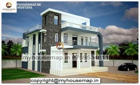 Duplex House Elevation Designs White And Gray Color With Black Tiles
