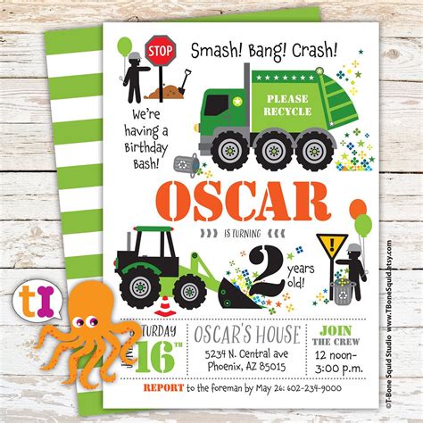 Garbage Truck Recycle Birthday Party Invitation For Kids By