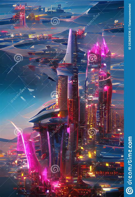 Futuristic Buildings In The Forest Digital Painting Stock Illustration