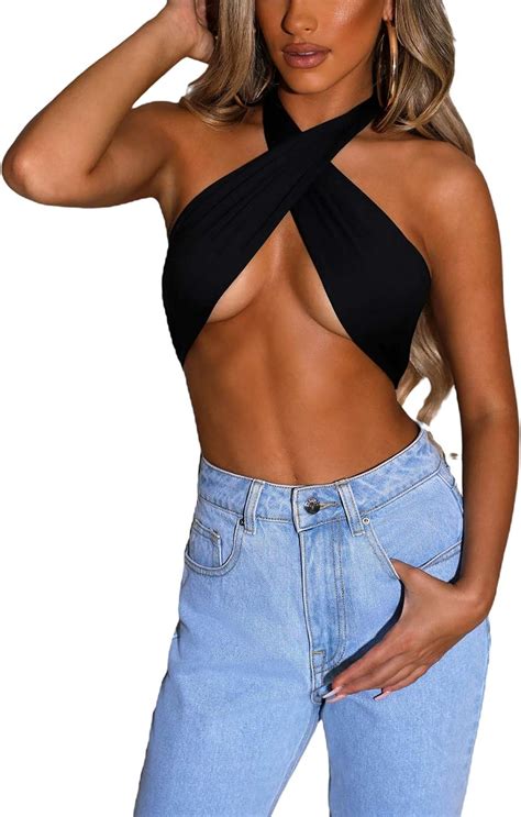 Nituyy Women S Sexy Criss Cross Halter Neck Cutout Crop Tops Tie Backless Basic Tees Bandage