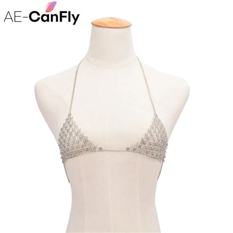 AE CAFNFLY Women Sexy Body Chain Bikini Bra Net Floral Slave Harness V Necklace Waist Belly