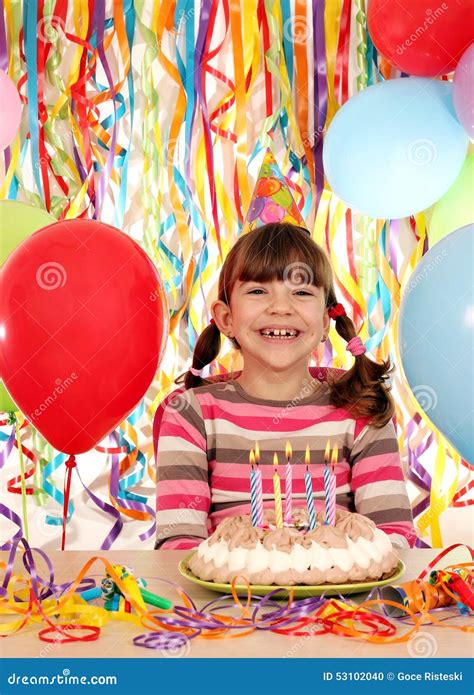 Little Girl With Birthday Cake Party Stock Photo Image Of Balloons