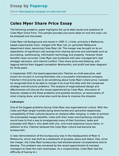 Coles Myer Share Price Free Essay Example