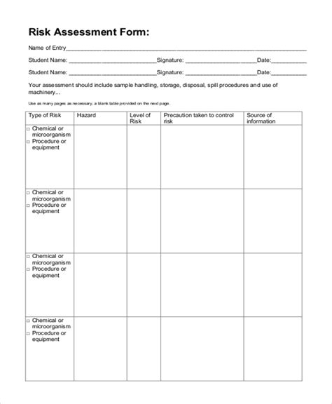 Printable Risk Assessment Forms Printable Forms Free Online
