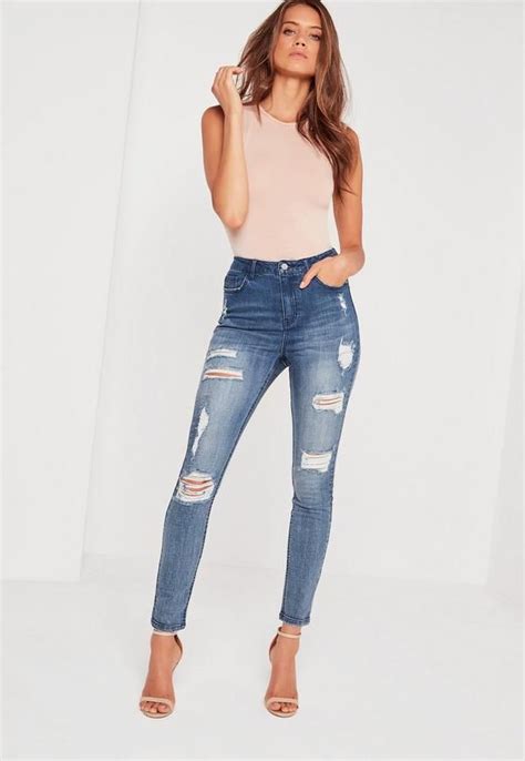 Missguided Blue Sinner High Waisted Authentic Ripped Skinny Jeans