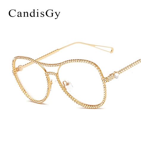 vintage glasses luxury frame brand designer women diamond metal optics classic eyeglasses pearl