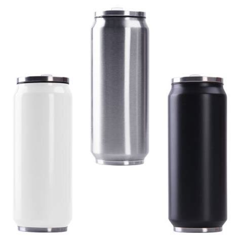 TERMO DE 500 ML. CON FORMA DE LATA, HERMETICO, COLORES: PLATA, NEGRO Y