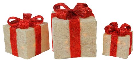 Set Of 3 Cream Sisal Lighted Gift Boxes W Red Bows Outdoor Christmas D