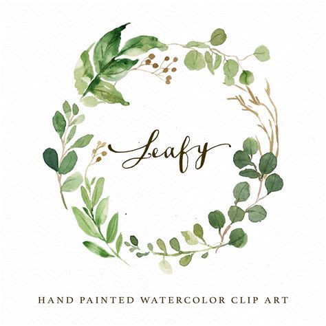 Watercolor Leaf Wreath Clipart Leafyhand Paintedwedding Etsy