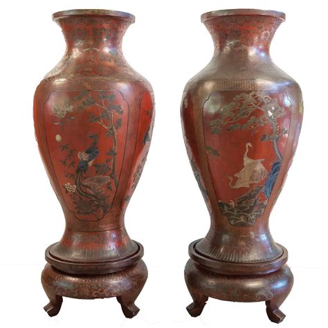 Pair Of Red Lacquer Chinese Vases 19th Century For Sale At 1stdibs