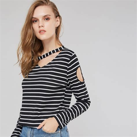 Hot Sale Black White Striped Casual T Shirt Women Autumn Crop Top High
