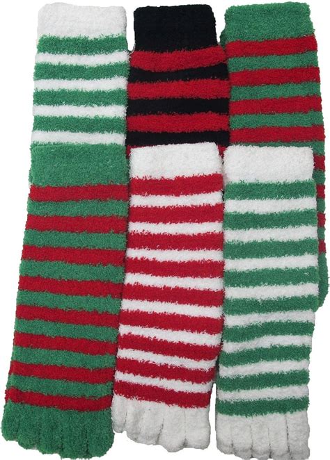 Fuzzy Toe Socks Christmas Socks Striped 6 Pair Size 9 11 Clothing