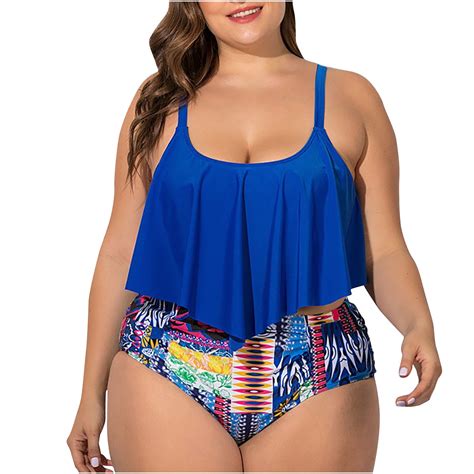 Tawop Womens 2 Piece Swimsuits Women Print Two Piece Plus Size Beach Bikini Swimsuit Blue Size L