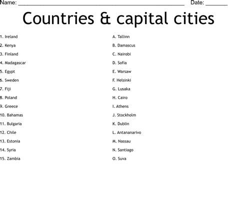 Countries And Capital Cities Worksheet Wordmint