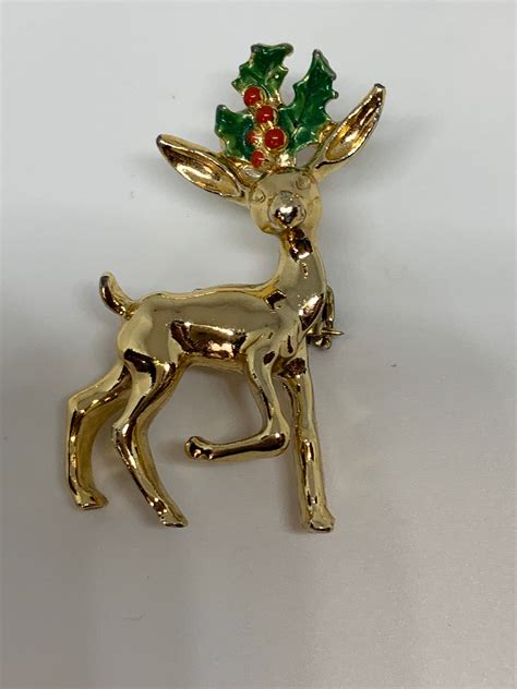 Prancing Reindeer With Holly Christmas Pin Signed Gerrys Collectible