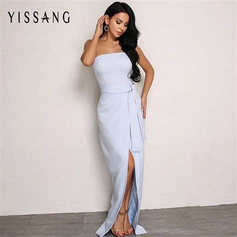 Yissang Sexy High Split Dress Women Elegant Solid Ankle Length Summer