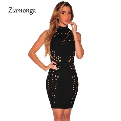 Ziamonga Sexy Tight Bodycon Dress Black White O Neck Metal Eyelet Sheath Evening Party Dresses